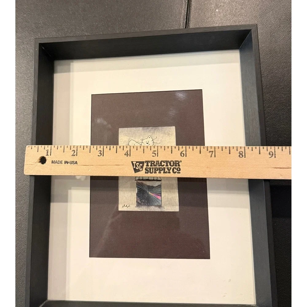 Framed Art Black Whimsical Cat Kitten Kitty Moon Heart Holographic 8 x 10